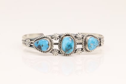Native America Navajo Sterling Silver Kingman Turquoise Bracelet Cuff By J.J.J.