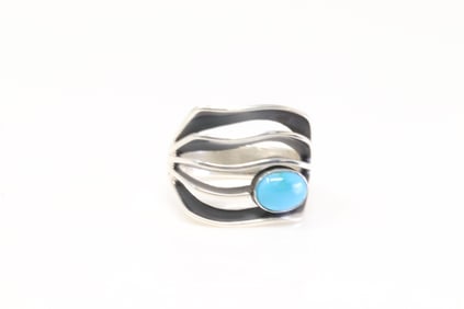 Native America Navajo Sterling Silver Turquoise Ring By James Bahe.