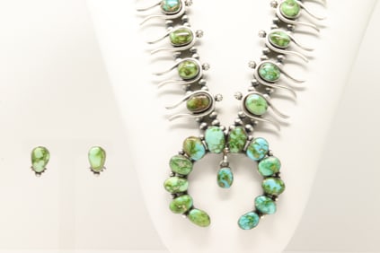 Native America Navajo Sterling Silver Sonora Gold Turquoise Squash Blosomm Necklace & Earring's Set