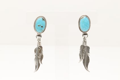 Native America Navajo Sterling Silver Turquoise Post / Dangling Feather Earring's By Sharon