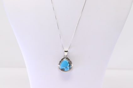Native America Navajo Sterling Silver Turquoise Pendant & A 925 Necklace By N.J.
