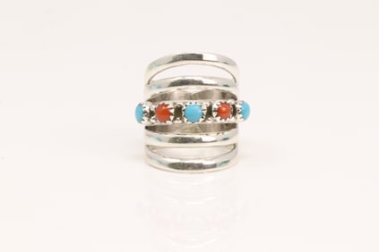 Native America Navajo Sterling Silver Coral & Turquoise Ring 5 Row By G.S.