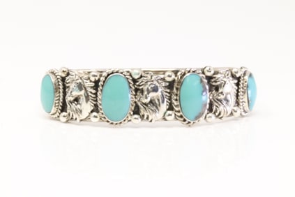 Native America Navajo Sterling Silver Turquoise Horse Bracelet Cuff By Calvin Belin.