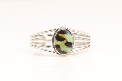 Native America Navajo Sterling Silver Black Jack Turquoise Bracelet Cuff By L.M.Y.