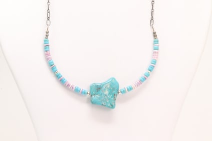Native America Navajo Sterling Silver Turquoise & Purple Spiny Oyster Necklace.