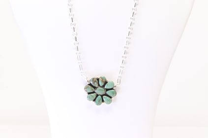 Native America Navajo Sterling Silver Turquoise Necklace By Charlene Yazzie.