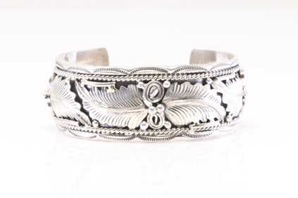 Native America Navajo Sterling Silver Bracelet Leaf Cuff By M.Thomas Jr.