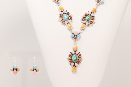 Native America Navajo Sterling Silver Multi-Color Gems Necklace & Earring's Set By Travis J.