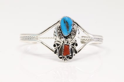 Native America Navajo Sterling Silver Coral & Turquoise Bracelet Cuff By Harry B.Yazzie.