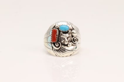 Native America Navajo Sterling Silver Coral & Turquoise Ring By G.