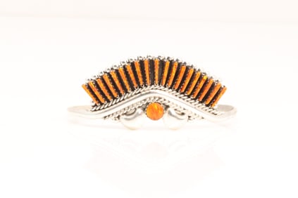 Native America Zuni Sterling Silver Orange Opal Bracelet Cuff By Joyce Vacit.