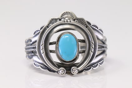Native America Navajo Sterling Silver Turquoise Naja Bracelet Cuff By W.I.J.