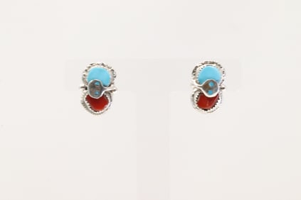 Native America Zuni Sterling Silver Coral / Turquoise Earring's By Effie C.