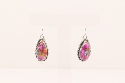 Native America Navajo Sterling Silver Turquoise Compressed Dangling Earrng's By Feida Martinez.