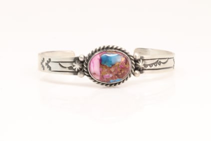 Native America Navajo Sterling Silver Turquoise Compressed Bracelet By Rick Enriquez.
