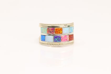 Native America Navajo Sterling Silver Synthetic Multi-Color Opal Inlay Ring By Bru J.
