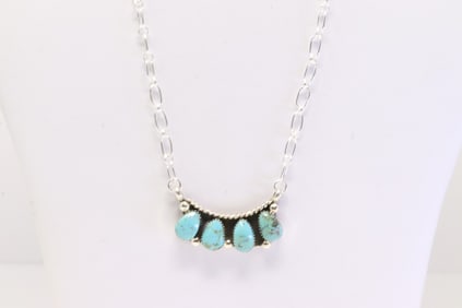 Native America Navajo Sterling Silver Turquoise Necklace By Annette Martinez.