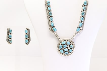 Native America Navajo Sterling Silver Turquoise Necklace & Earring's Set By Darlene Begay.