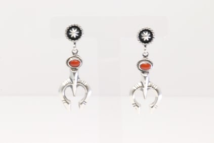 Native America Navajo Sterling Silver Coral Naja Post / Dangling Earring's By Gary Shorty.