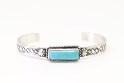 Native America Navajo Sterling Silver Kingman Turquoise Bracelet By Donovan Skeets.