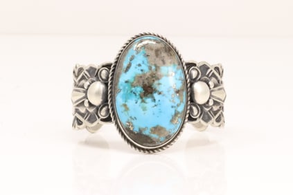 Native America Navajo Sterling Silver Kingman Turquoise Bracelet Cuff By Roland Dixon.