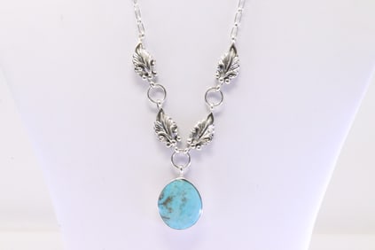 Native America Navajo Sterling Silver Turquoise Necklace By Verley Betone.