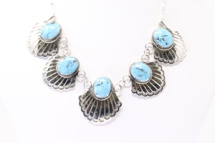 Native America Navajo Sterling Silver Turquoise Necklace By Micheal Yazzie.
