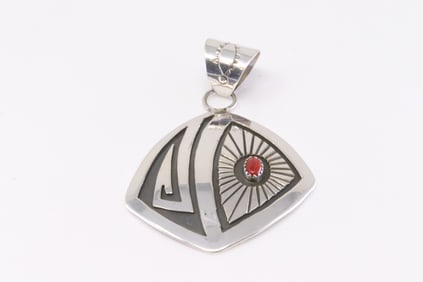 Native America Navajo Sterling Silver Coral Pendant By Rosco Scott.