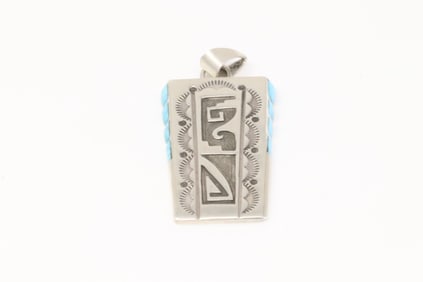 Native America Navajo Sterling Silver Turquoise Design Pendant By L.J.