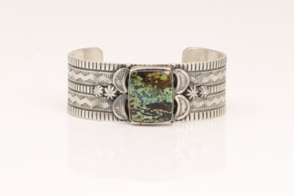 Native America Navajo Sterling Silver Black Jack Turquoise Bracelet Cuff By Francis.