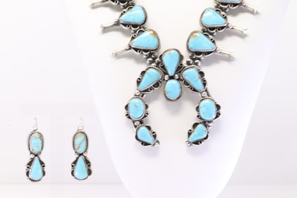 Native America Navajo Sterling Silver Number 8 Turquoise Squash Blossom Necklace & Earring's Set By
