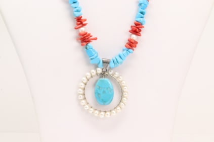 Native America Navajo Sterling Silver Pearl  / Turquoise & Coral Necklace.
