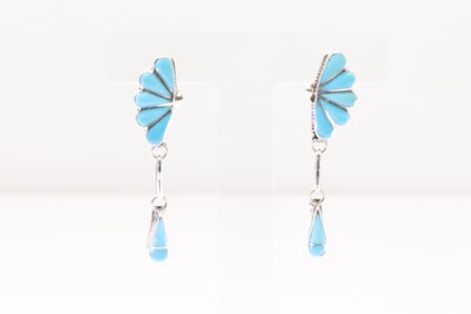 Native America Zuni Sterling Silver Turquoise Inlay Post & Dangling Earring's By Velda Nastacio.
