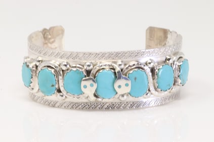 Native America Zuni Sterling Silver Turquoise Bracelet Cuff By Effie C.