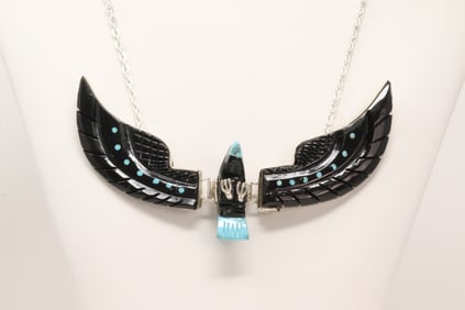 Native America Navajo Sterling Silver Black Onyx & Turquoise Flying Eagle Necklace By Ben