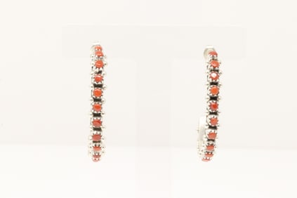 Native America Navajo Sterling Silver Coral Hoop Earring's By M.T.R.