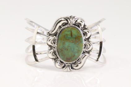 Native American Navajo Sterling Silver Turquoise Bracelet Cuff By Irvin Tsosie.