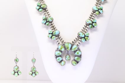 Native American Navajo Sterling Silver Sonora Gold Turquoise Squash Necklace & Earring's Set By S.H.