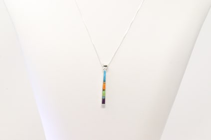 Native America Navajo Sterling Silver Multi-Color Stone Inlay Pendant By Rick Tolino. With A 925