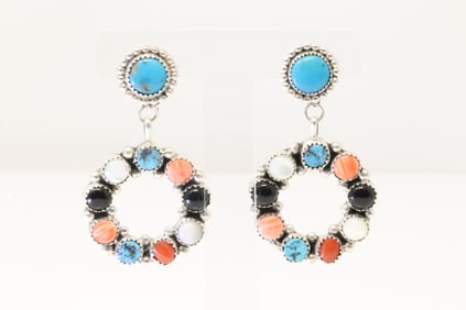 Native America Navajo Sterling Silver Multi-Color Stone Post / Dangling Earring's By Maxine Ramirez.