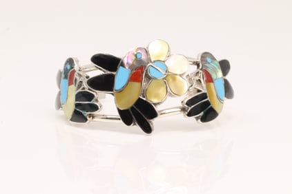 Native America Zuni Sterling Silver Multi-Color Humming Bird Bracelet Cuff By Ella Gia.