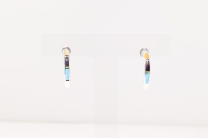 Native America Navajo Sterling Silver Multi-Color Stone Inlay Hoop Earring's.