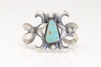 Native America Navajo Sterling Silver Turquoise Bracelet Cuff By M.