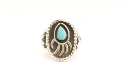 Native America Navajo Sterling Silver Bear Paw Turquoise Ring By Sammie Burnside.