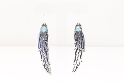 Native America Navajo Sterling Silver Turquoise Feather Dangling Earring's By T&R Singer.