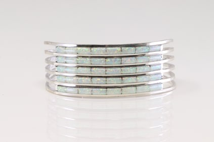 Native American Zuni Sterling Silver Synthetic Opal Bracelet By A.L.W.