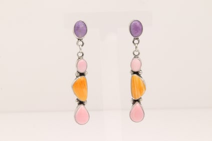 Native America Navajo Sterling Silver Multi-Color Stone Post / Dangling Earring's By Dany Henio.