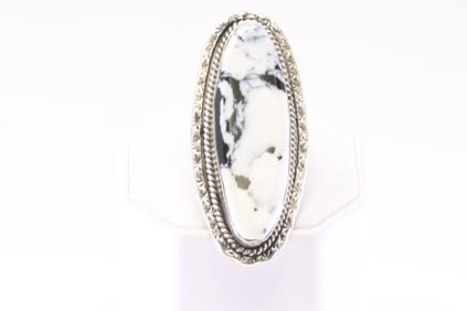 Native America Navajo Sterling Silver Synthetic White Buffalo Ring By Y.Y.