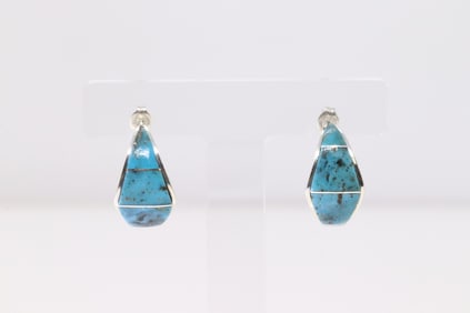 Native America Zuni Sterling Silver Turquoise Inlay Hoop Earring's By Andrew Enrico.