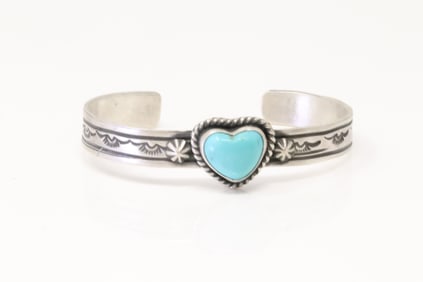 Native America Navajo Sterling Silver Kingman Turquoise Heart Bracelet Cuff By Rick Enriquez.